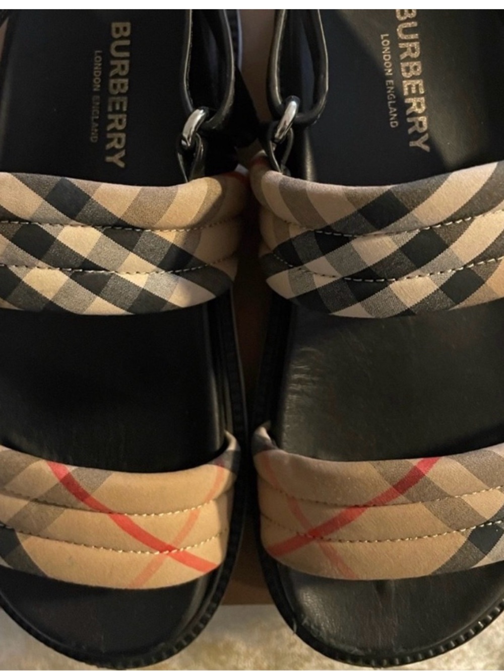 Burberry Black Footbed Beige Check Double-Strap Sandals